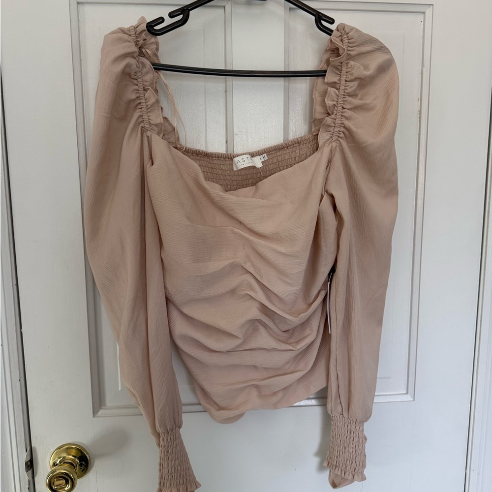 Astr Blush Ruched Square-Neck Long Sleeve Top